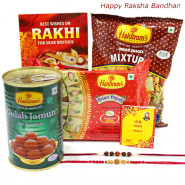 Haldiram Items Combo - Haldiram Soan Papdi, Gulab Jamun, Haldiram Namkeen with 2 Rakhi and Roli-Chawal