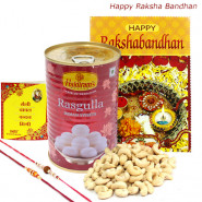 Soft Crunch - Haldiram Rasgulla 500 gms, Cashewnuts 100 gms with 2 Rakhi and Roli-Chawal