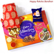 Healthy Choco Wishes - Cadbury Celebrations, Almond & Cashew 200 gms in Potli (D) with 1 Kids Rakhi & 1 Fancy Rakhi and Roli-Chawal
