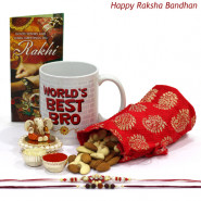 Blessings for Bro - World's Best Bro Personalized Mug, Almond & Cashew 200 gms in Potli (D), Ganesh Idol with 2 Rakhi and Roli-Chawal