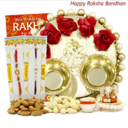 Blessed Thali - Elegant Ganesh Thali with Flowers & Pearls, Almond & Cashew 200 gms, Ganesh Idol with 2 Rakhi and Roli-Chawal
