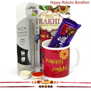 Complete Bliss - Parker Beta Standard Ball Pen, Happy Rakhi Personalized Mug, Dairy Milk Fruit N Nut with 2 Rakhi and Roli-Chawal
