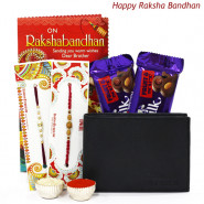 Bro's Favourite - Leather Black Wallet, 2 Dairy Milk Fruit n Nut with 2 Rakhi and Roli-Chawal