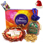 Merry Enjoyment - Almonds in Potli (D), Cadbury Celebrations, Kaju Katli, Decorative Thali with Santa Cap and Greeting Card