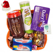 Xmas Overload Hamper - Sugarfree Cookies, Oya Chocolate Wafer Stick, Pringles Wafers, Dairy Milk Chocolates Pack, Swiss Gold Coin Box, Handmade Chocolates, Truffles Toffee with Santa Cap and Greeting Card