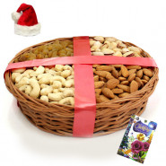 Healthy Xmas - Assorted Dryfruits Basket with Santa Cap and Greeting Card