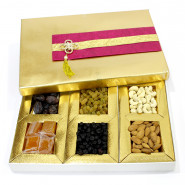 Assorted Dryfruits in Fancy Box (6 Items - Almond, Cashew, Raisin, Dates, Cranberry, Aam Papad) and Card