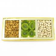 Assorted Dryfruits in Decorative Box (3 Items - Almond, Pista, Dried Kiwi) and Card