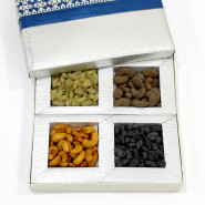 Assorted Dryfruits in Decorative Box (4 Items - Raisin, Black Raisin, Chocolates Cashew, Masala Cashew) and Card