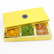 Assorted Dryfruits in Decorative Box (3 Items - Apricot, Dried Kiwi, Aam Papad) and Card