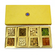 Assorted Dryfruits in Decorative Box (8 Items - Cashew, Almond, Pista, Raisin, Jaldaru, Dried Kiwi, Apricot, Aam Papad) and Card