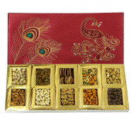 Assorted Dryfruits in Fancy Box (10 Items - Almond, Cashew, Pista, Raisin, Anjeer, Walnuts, Roasted Cashew, Roasted Mix Cashew, Fry Red-Chily Cashew, Chocolate Cashew) and Card