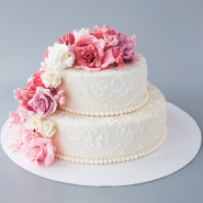 Two Tiered Cake Decorated with Pink Flowers 2 Kg and Card