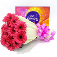 Gorgeous Combo - 10 Pink Gerberas Bunch, Cadbury Celebration and Card