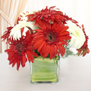 Caring Moments - 10 Red & White Gerberas Vase and Card