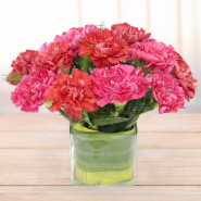 Gorgeous Arrangement - 15 Red & Pink Carnations Vase and Card