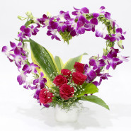 Love Gesture - 6 Purple Orchids, 6 Red Roses in Heart Shape Arrangement in a Vase and Card