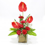 Caring Gesture - 3 Red Anthurium, 6 Red Carnations Vase and Card