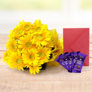 Lovely 12 Yellow Gerberas Bunch, 5 Dairy Milk and Card