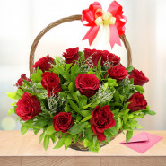 Elegant Basket - 12 Red Roses in Basket and Card