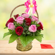 Pink N Red Delight - 12 Red & Pink Roses in Basket and Card