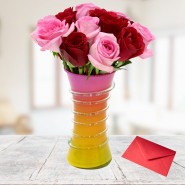 Hues of Love - 12 Red & Pink Roses in Vase and Card