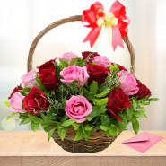 Colorful Delight - 15 Red & Pink Roses in Basket and Card