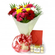 Mixed Gesture - 15 Mix Flowers (Carnations, Gerberas, Roses) in Bunch, Ferrero Rocher 16 Pcs and Card