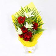 Lovely Bunch - 6 Red Gerberas, 3 White Lilies in Bouquet and Card