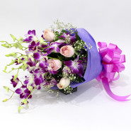 Special Bunch - 6 Purple Orchids, 6 Pink Roses in Bunch and Card