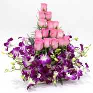 Vibrant Magic - 6 Purple Orchids, 15 Pink Roses in Basket and Card