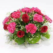 Love Moments - 10 Pink Carnations, 10 Red Roses in Basket and Card