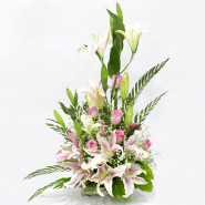 Adorable Combo - 8 Pink Lilies, 10 Pink Roses Basket and Card
