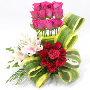 Passionate Memories - 3 Pink Lilies, 20 Red & Pink Roses Basket and Card