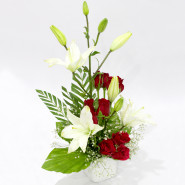 Beautiful Soulmate - 3 White Lilies, 10 Red Roses Vase and Card