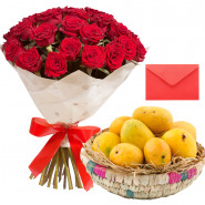 Rose & Mango Delight - 12 Red Roses Bouquet, Fresh Mango 2 Kg in Basket and Card