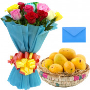 Flavorful Basket - 12 Mix Roses Bunch, Fresh Mango 2 Kg in Basket and Card