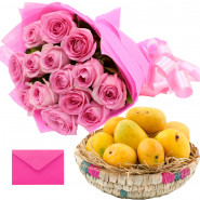 Sweet Mango Basket - 12 Pink Roses Bouquet, Fresh Mango 2 Kg in Basket and Card