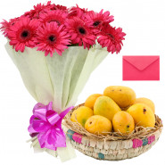 Gerberas N Mangoes - 12 Pink Gerberas Bouquet, Fresh Mango 2 Kg in Basket and Card