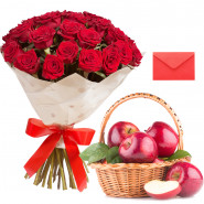 Red Apple Basket - 12 Red Roses Bouquet, 2 Kg Fresh Apple in Basket and Card