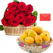 Roses Mango Basket - 15 Red Roses Basket, Fresh Mango 2 Kg in Basket and Card