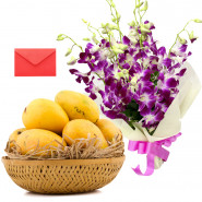 Orchid Mango Delight - 6 Purple Orchids Bouquet, Fresh Mango 2 Kg in Basket and Card