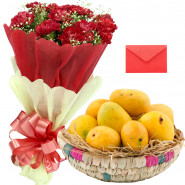 Carnations N Mango Basket - 12 Red Carnations Bunch, Fresh Mango 2 Kg in Basket and Card