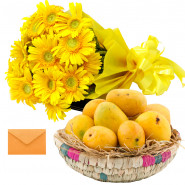 Lovely Choice - 12 Yellow Gerberas Bouquet, Fresh Mango 2 Kg in Basket and Card