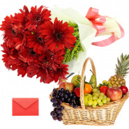 Rich Fruits Basket - 10 Red Gerberas Bouquet, 3 Kg Mix Fruits in Basket and Card