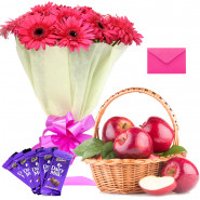 Healthful Combo - 12 Pink Gerberas Bouquet, 2 Kg Fresh Apple in Basket, 5 Dairy Milk and Card