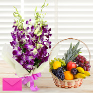 Charming Fruits Basket - 6 Purple Orchids Bouquet, 2 Kg Mix Fruit Basket and Card