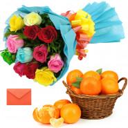 Sweet Basket - 12 Mix Roses Bunch, 2 Kg Orange Fruit Basket and Card