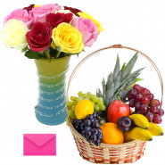 Attractive Basket - 12 Mix Roses Vase, 2 Kg Mix Fruit Basket and Card