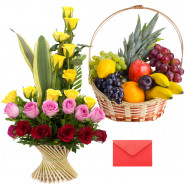 Royal Fruits Basket - 25 Mix Roses (Red, Pink, Yellow) in Basket, 2 Kg Mix Frutis in Basket and Card